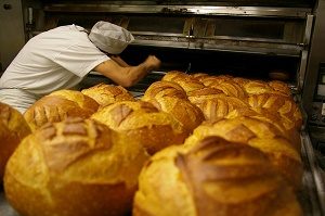 bakker kijkt in oven met broden op voorgrond