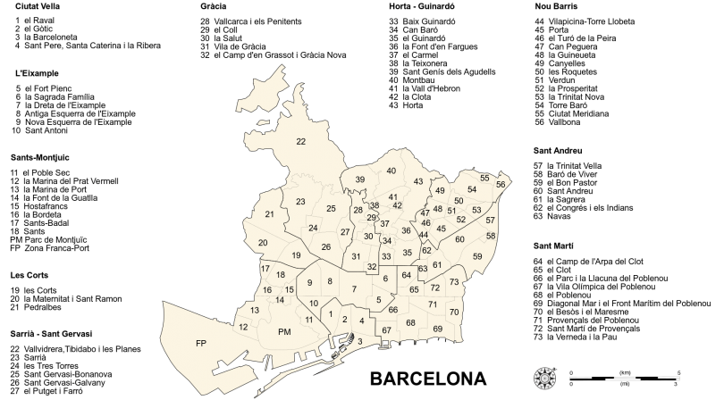 kaart met districten in barcelona